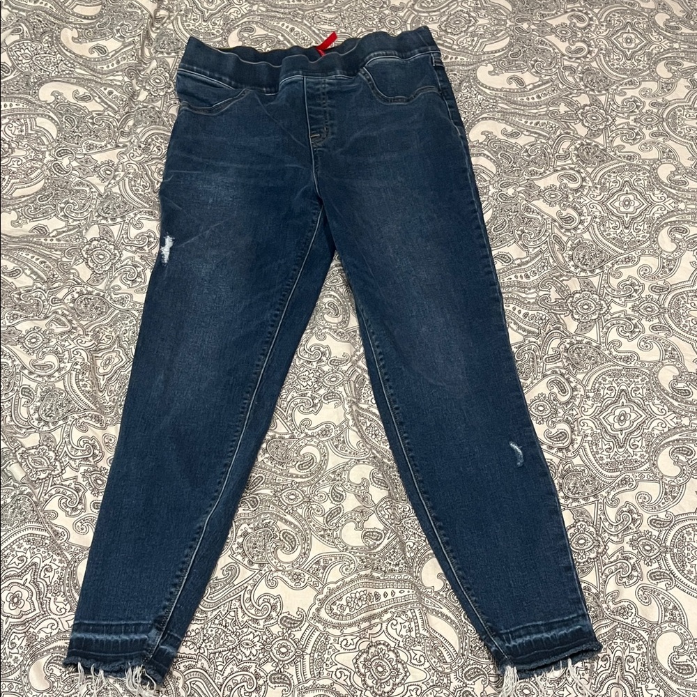 Dark Blue Distressed Jeans spanx large pull on skinny causal frayed hem